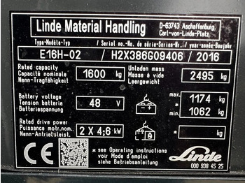 Xe nâng điện Linde E16H-02 1.6 ton Triplex Freelift Sideshift Elektra Heftruck 2016: hình 4