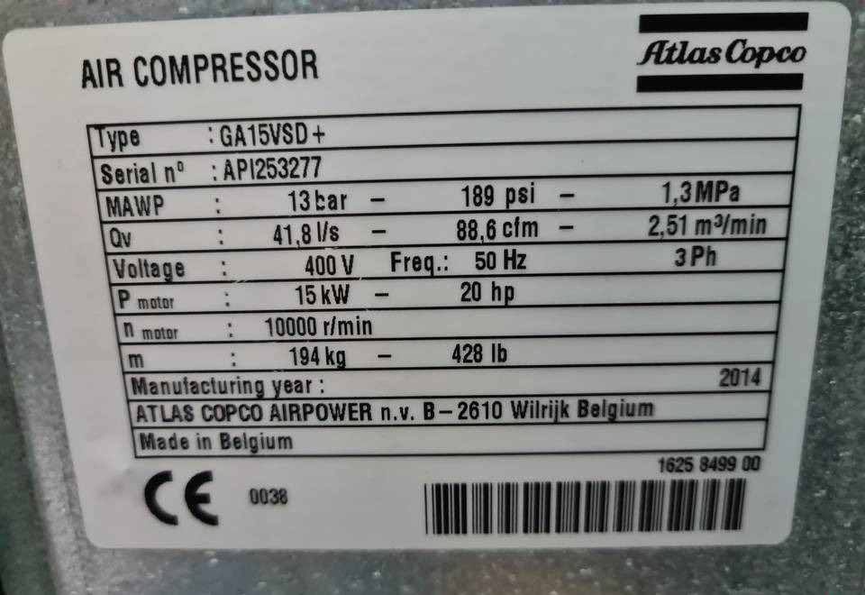 Máy nén khí Kompresor śrubowy Atlas Copco GA 15 VSD ff +: hình 8
