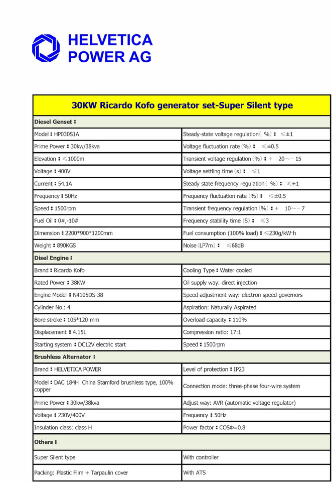 Bộ phát điện mới HELVETICA POWER HP030S1ASR  38KVA / 30KW Diesel Stromgenerator SuperSilent: hình 9