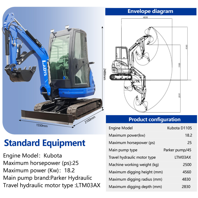 LADYS DY25U Mini Excavator Digger Miniexcavadora EPA Kubota Engine Mini Excavator For Sale With Mini Excavator Attachment Set - Máy xúc bánh xích: hình 2 LADYS DY25U Mini Excavator Digger Miniexcavadora EPA Kubota Engine Mini Excavator For Sale With Mini Excavator Attachment Set - Máy xúc bánh xích: hình 2