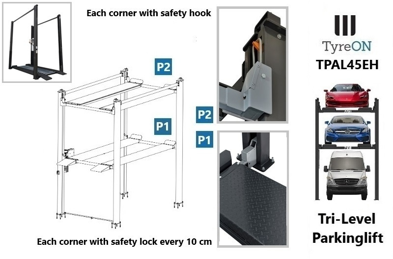 Trang thiết bị xưởng TPAL45EH 4 post car stacker lift  -  Three level parking lift 3 cars on each- Electrically unlocked - Close fitting platforms - 15 cm ramp height - Autostacker 2500kg + 2000kg: hình 9