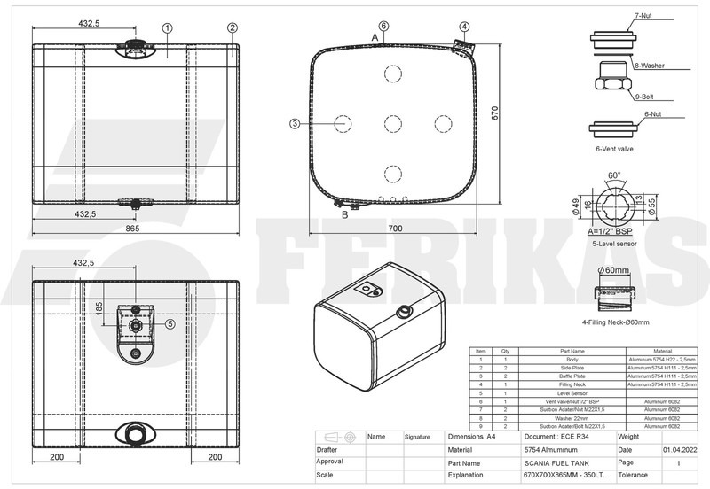 Bình nhiên liệu cho Xe tải mới Scania New aluminum fuel tank 350L: hình 9
