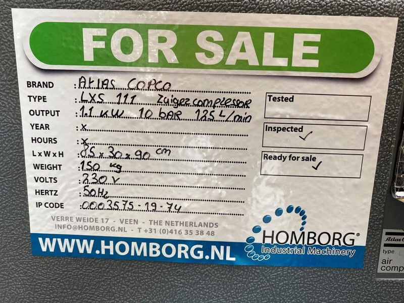 Máy nén khí Atlas-Copco LXS 111 1.1 kW 10 bar 125 L / min zuigercompressor met 50 liter ketel: hình 10