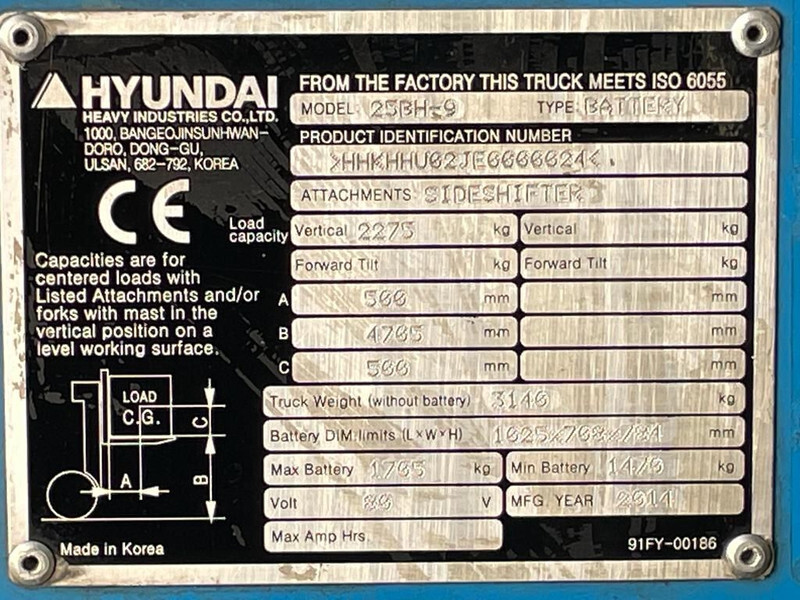 Hyundai 25BH-9 Elektra 2.5 ton Triplex Freelift Sideshift Heftruck - Xe nâng điện: hình 4 Hyundai 25BH-9 Elektra 2.5 ton Triplex Freelift Sideshift Heftruck - Xe nâng điện: hình 4