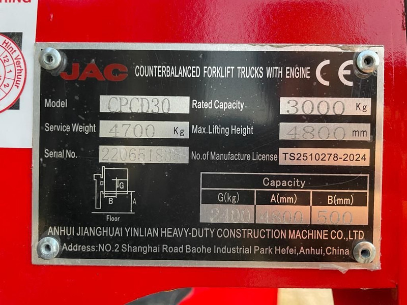 Isuzu JAC CPCD30 3 ton Triplex Freelift Sideshift Diesel Heftruck New ! - Xe nâng diesel: hình 3 Isuzu JAC CPCD30 3 ton Triplex Freelift Sideshift Diesel Heftruck New ! - Xe nâng diesel: hình 3
