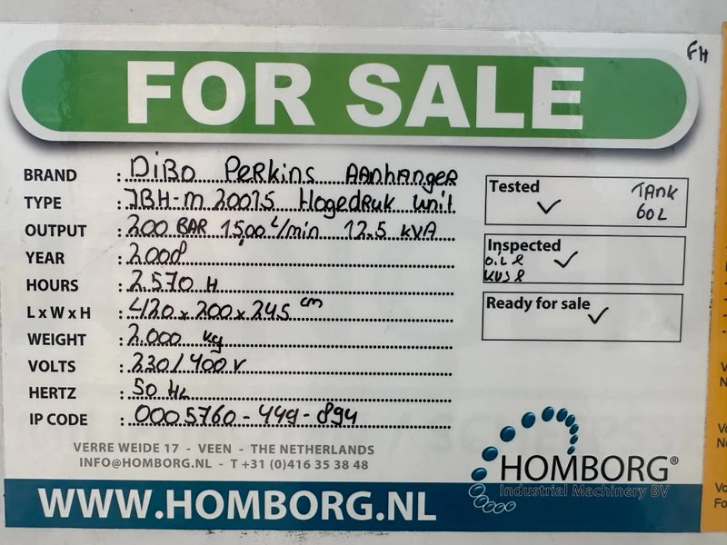 Máy phun rửa áp lực Perkins DIBO IBH-M 20015 Hogedruk unit 200 Bar 1500 L / min Mobiele Aanhanger 12.5 kVA aggregaat: hình 19