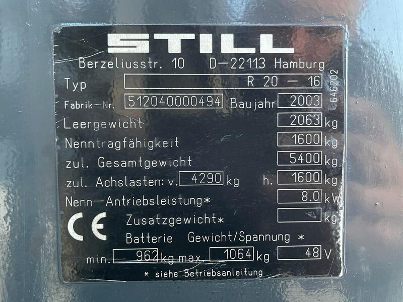 Still R20-16 Elektra 1.6 ton Triplex Freelift Sideshift Heftruck - Xe nâng điện: hình 3 Still R20-16 Elektra 1.6 ton Triplex Freelift Sideshift Heftruck - Xe nâng điện: hình 3
