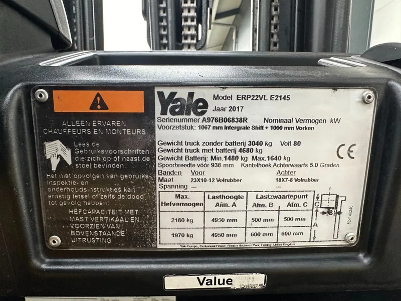 Yale ERP22VL 2.2 ton Triplex Freelift Sideshift Elektra Heftruck Accu 2022 - Xe nâng điện: hình 5 Yale ERP22VL 2.2 ton Triplex Freelift Sideshift Elektra Heftruck Accu 2022 - Xe nâng điện: hình 5